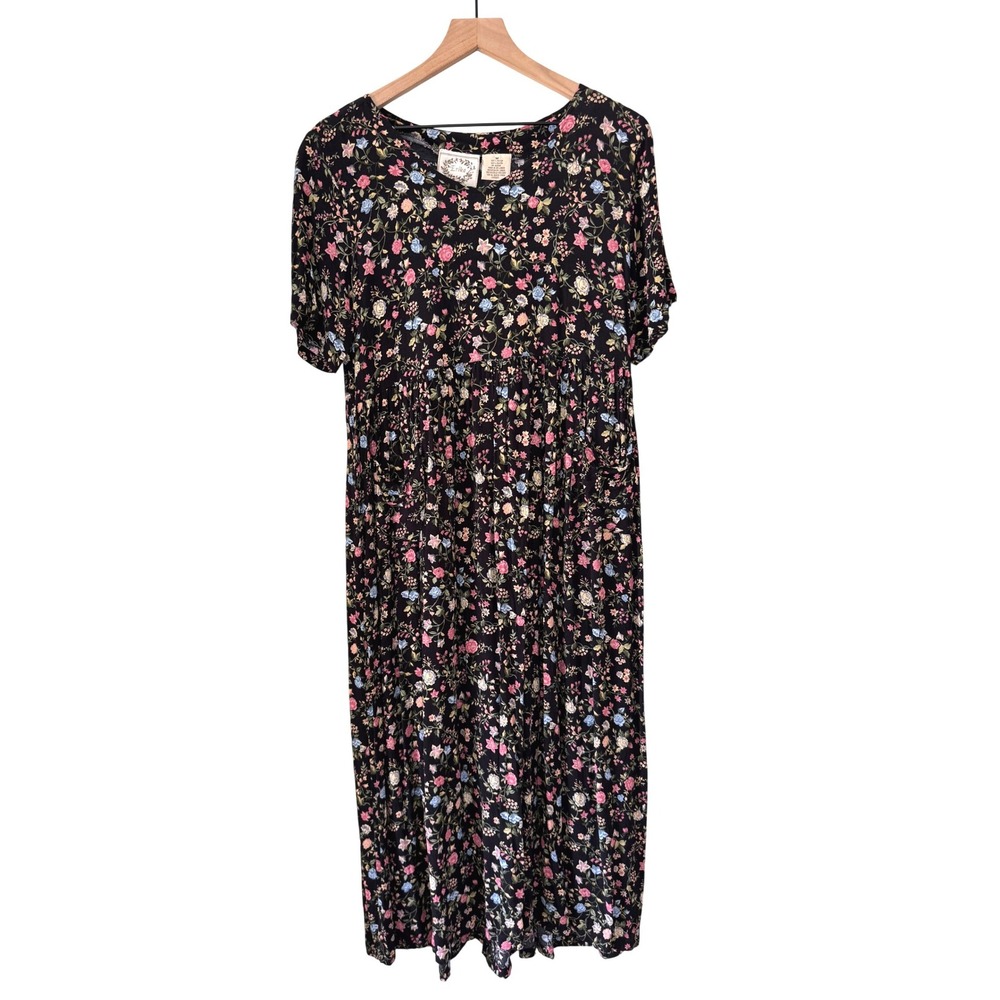 Vtg ERIKA Dark Floral Dress Tie Back 90s Button Front Grunge Prairie Cottage Med